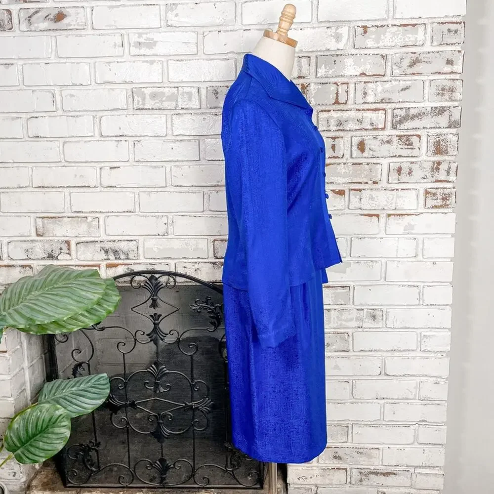 Vintage 90s Adrianna Papell Cobalt Blue Silk Two Piece Skirt Suit Set 6